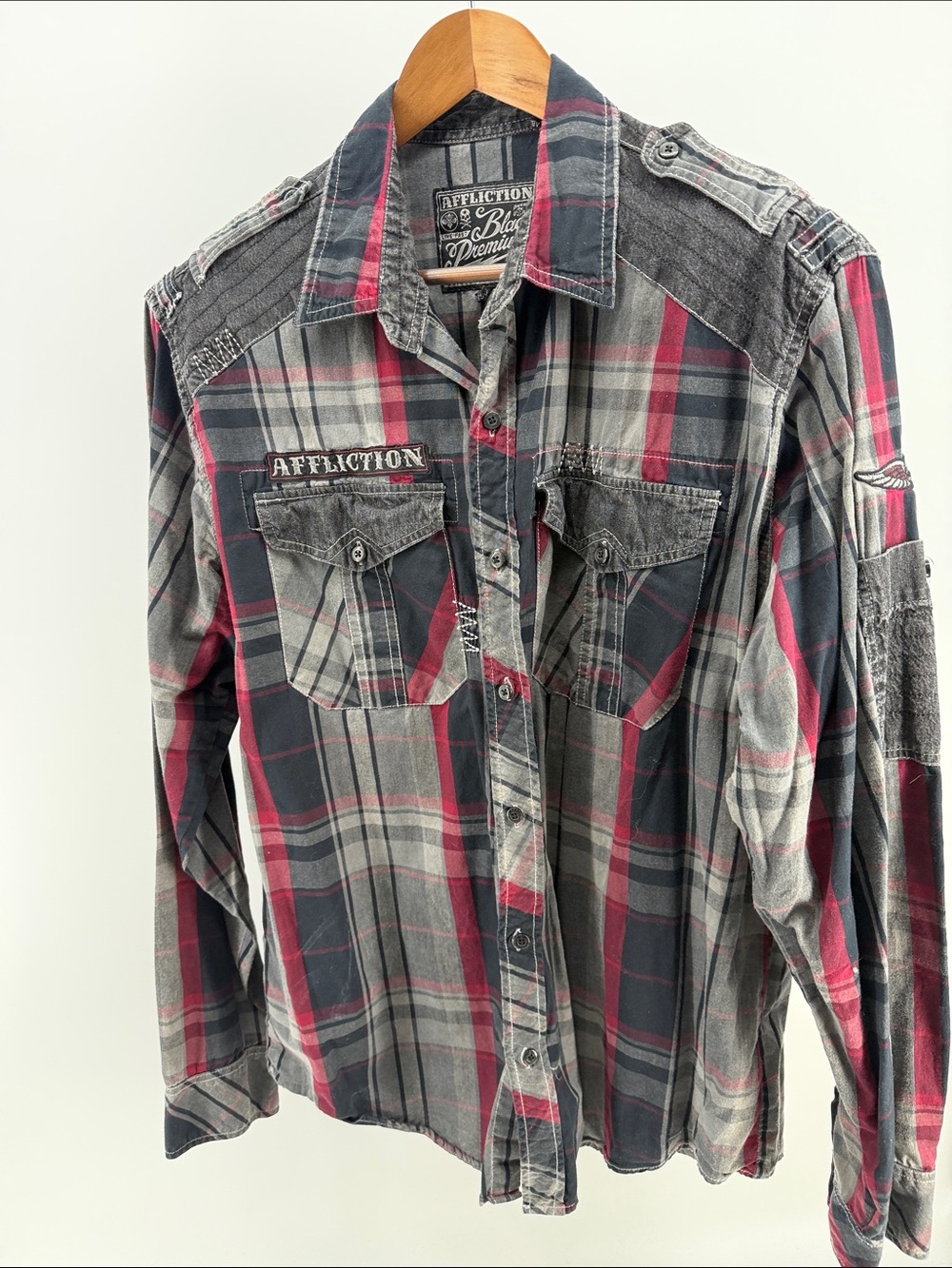 Affliction Men’s Gray & Red Plaid Button-Down Shirt